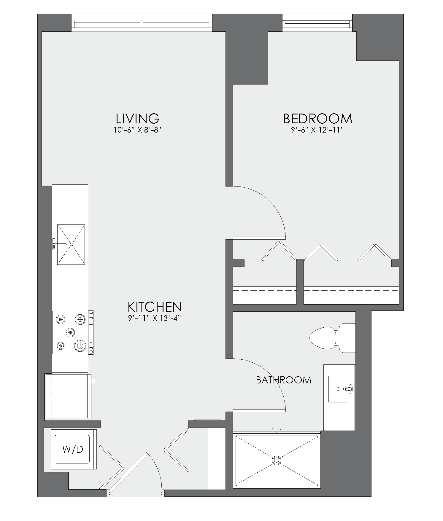 Floor plan for 1 bed, 1 bath, 542 sqft